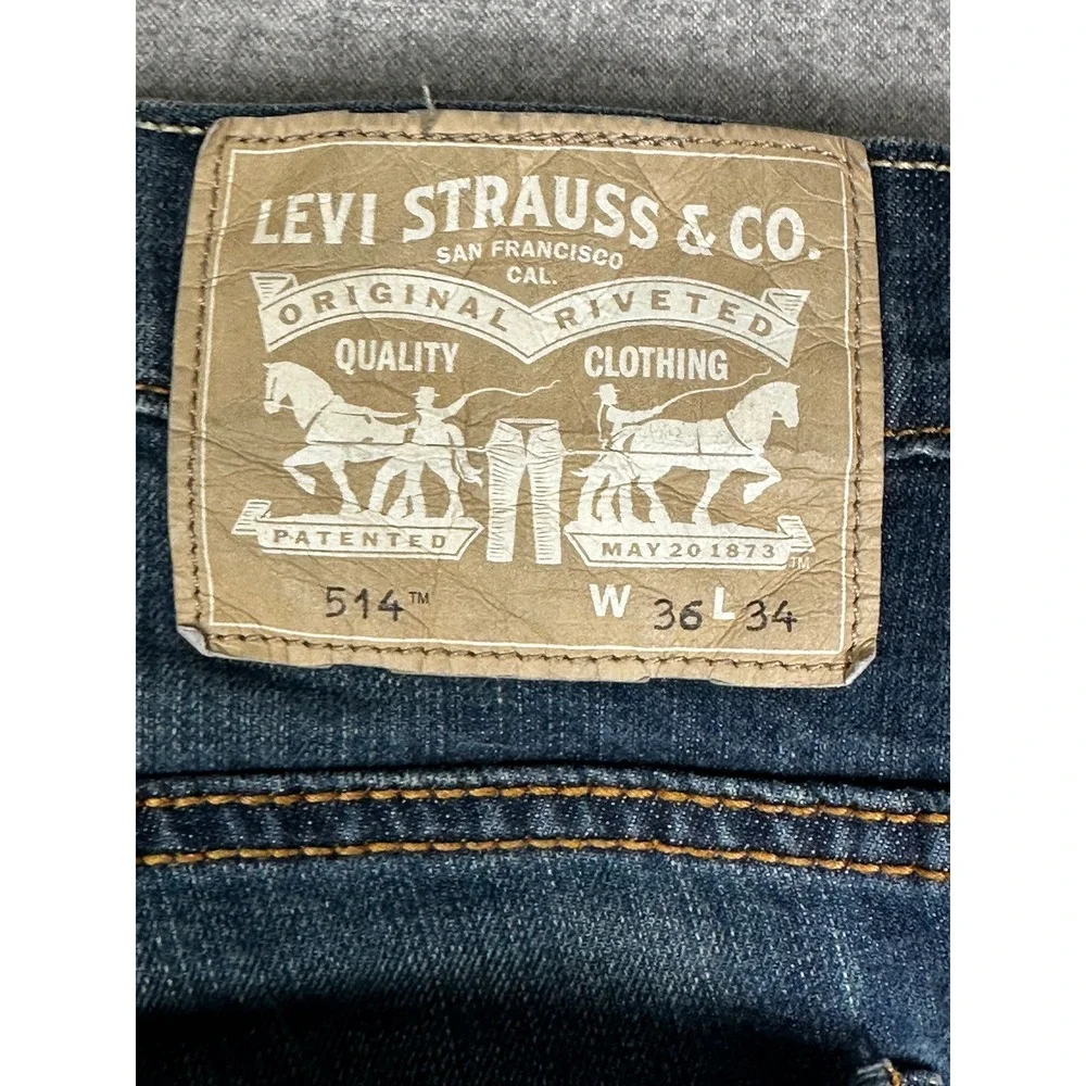Levis 514 Straight Fit Jeans Mens 36x34 Blue Flap Pocket Dark Wash Denim